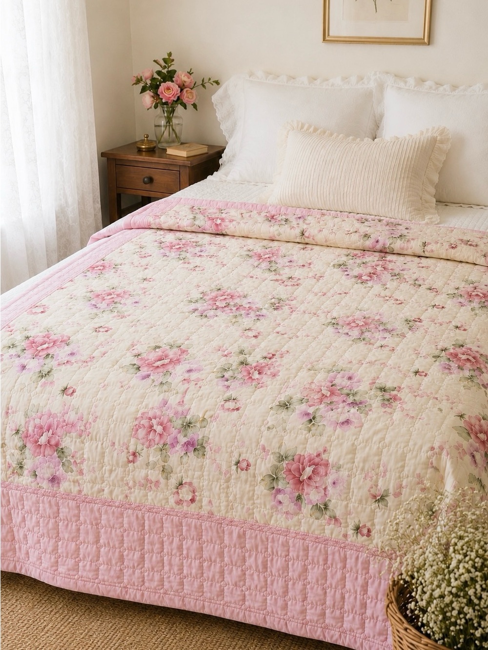 NWT • Floral Quilted Korean Blanket Bedspread